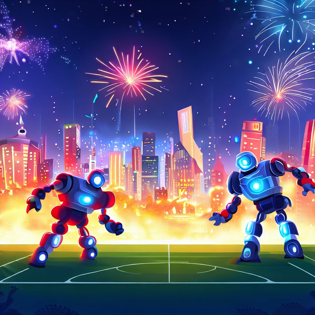 Illustrate a city skyline at night, showing a bright display of lights and fireworks, as two teams of robots face off in a high-stakes soccer match.。第 4 个图像，共 4 个图像