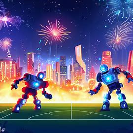 Illustrate a city skyline at night, showing a bright display of lights and fireworks, as two teams of robots face off in a high-stakes soccer match.。第 4 个图像，共 4 个图像