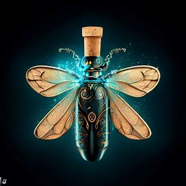 Visualize a wine bottle transformed into a magical beetle, with the label as its wings and the cork as its body.. Image 3 of 4