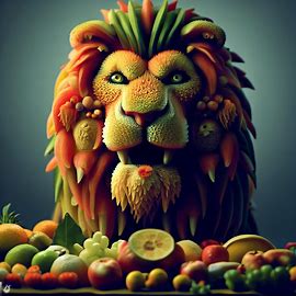 Craft a surreal image of a lion that's made entirely out of different types of fruit.. Image 3 of 4