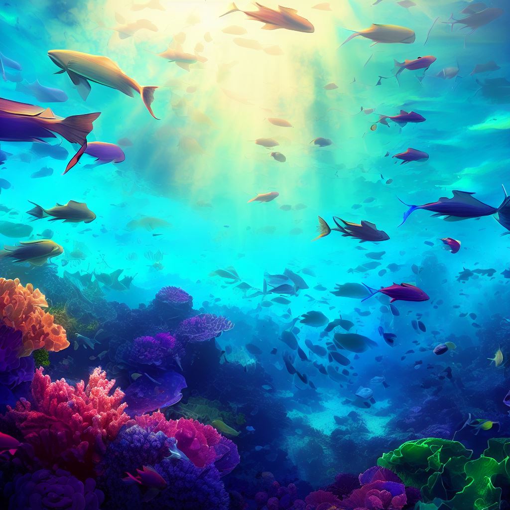 Imagine a majestic underwater world, where the Pacific Ocean is a vibrant kaleidoscope of schools of exotic fish and vibrant coral reefs.