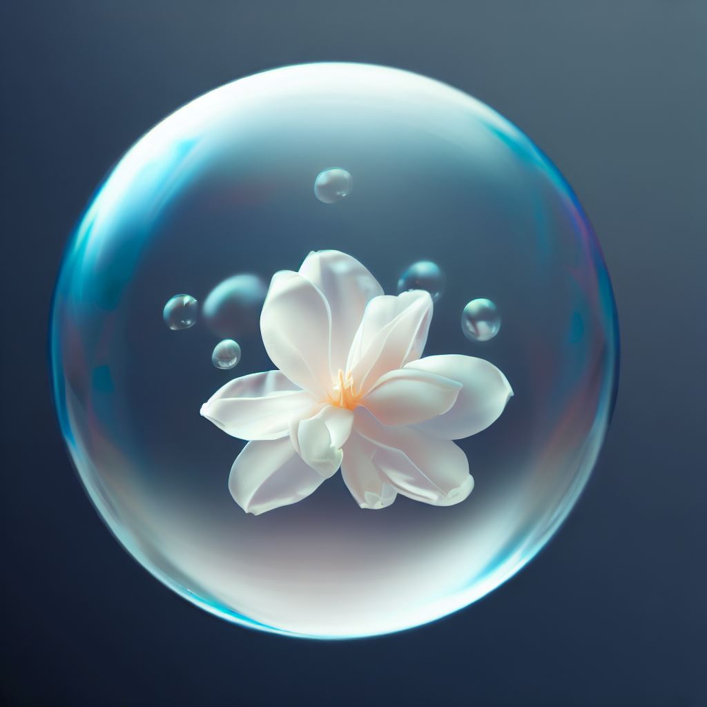 Create a stunning representation of a delicate and fragrant jasmine flower encased in a crystal-clear bubble, suspended in mid-air.
