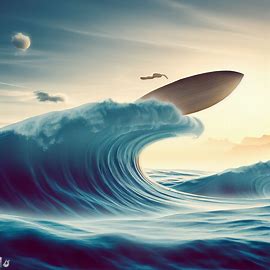 Create a surreal landscape with rolling waves and a surfboard floating in the air.. Image 3 of 4
