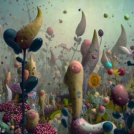 Create an image of a whimsical garden filled with odd and unusual plants and flowers, but instead of blooms, the plants have little chickenpox spots growing on them.. Image 3 of 4