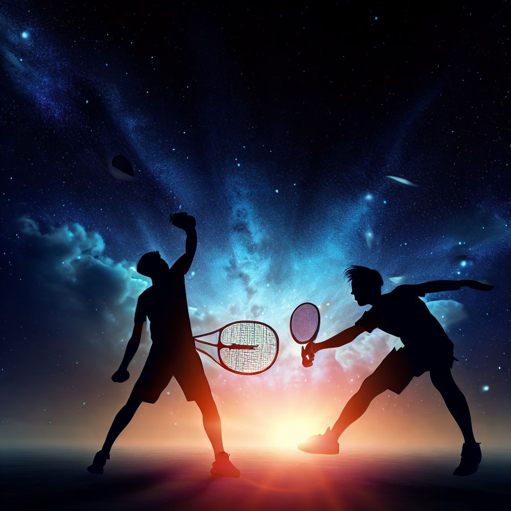 Create an image of two badminton players competing in a game under the stars.。第 3 个图像，共 4 个图像