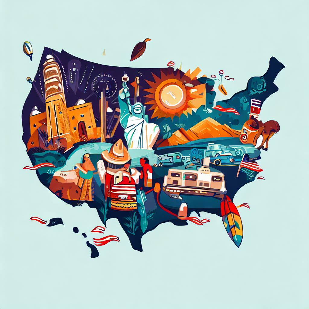 Design a stylized and memorable illustration showing the different US States and their unique cultural components.。第 3 个图像，共 4 个图像