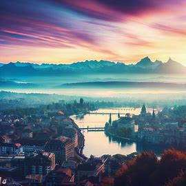 Create a breathtaking view of Zurich at sunrise with mountains in the background.. Image 2 of 4