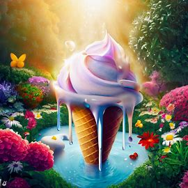 Create an image of a melting ice cream cone surrounded by a beautiful garden with a variety of flowers and a small fountain in the center.. Image 2 of 4