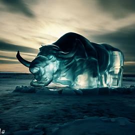 A buffalo carved from a giant block of ice in the middle of an arctic wasteland.. Image 4 of 4