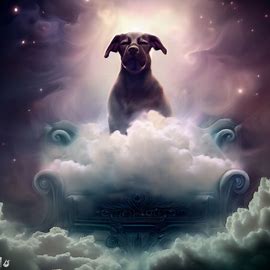 Create an ethereal portrait of a dog sitting on a celestial throne made of clouds.. Image 2 of 4