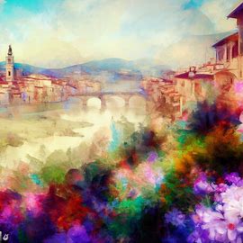 Visualize a dreamlike representation of Florence in the springtime, bursting with lush flora and blooming flowers.. Image 3 of 4