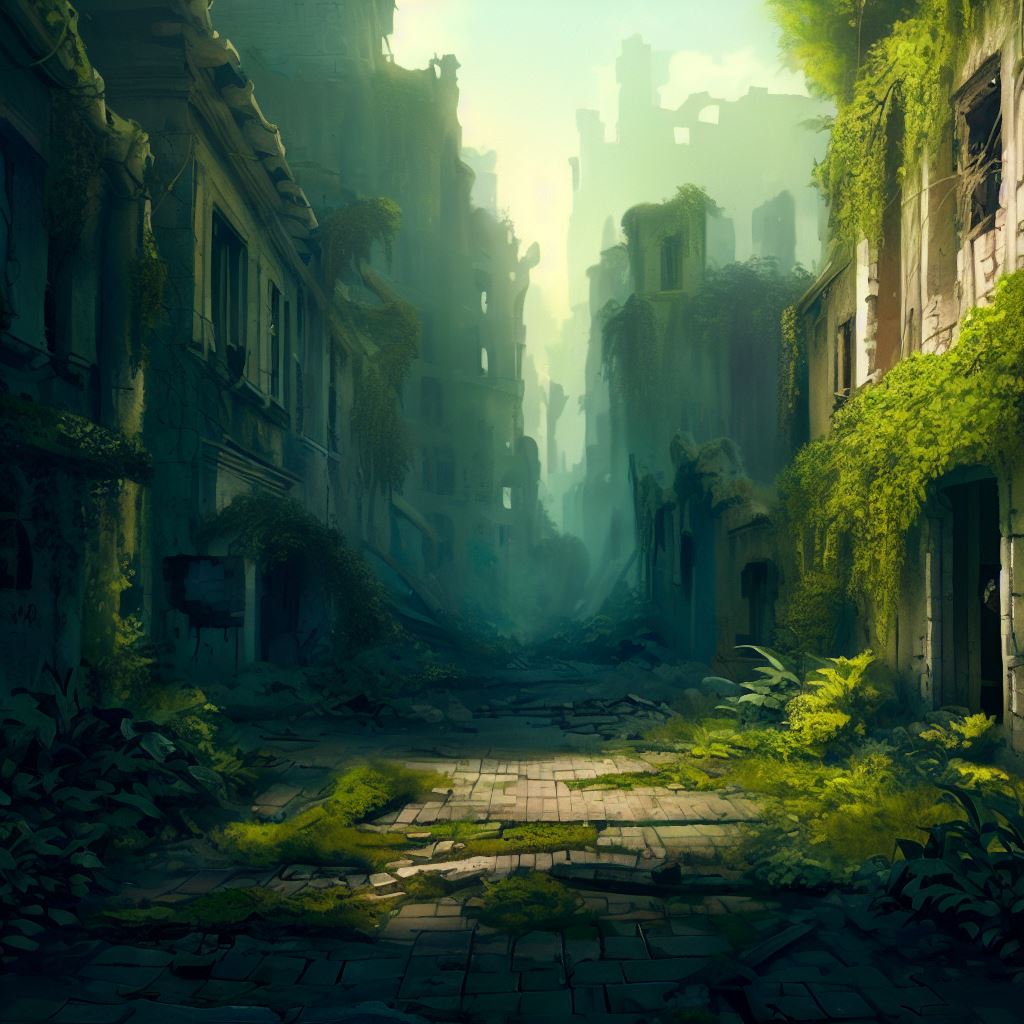 Picture an abandoned city, with overgrown plants reclaiming the streets and buildings crumbling into ruins.。第 3 个图像，共 4 个图像