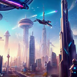 Design a futuristic version of Toronto, with towering skyscrapers and flying vehicles soaring above the city.. Image 1 of 4