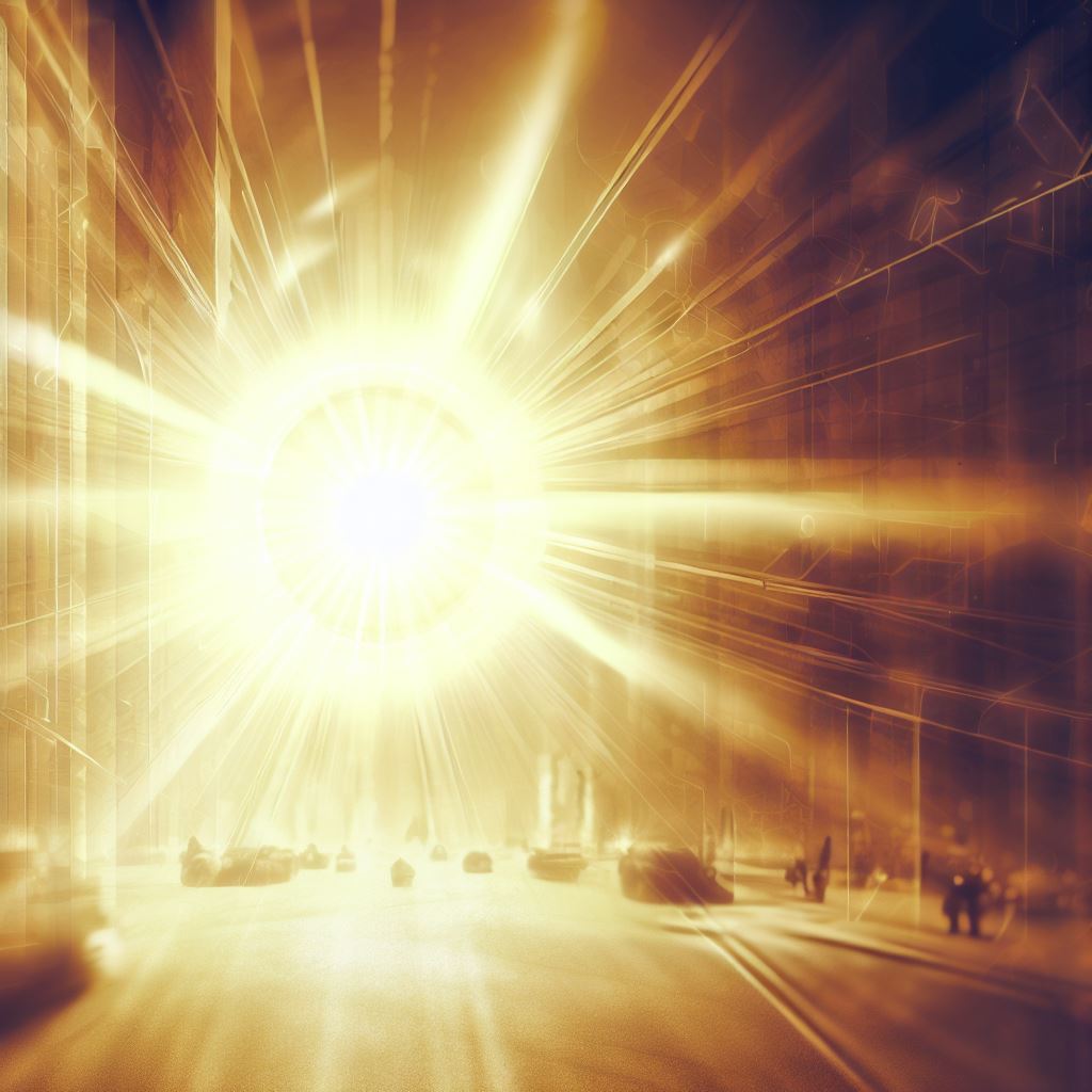 Design a sun shining down on a busy city street