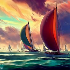 Imagine a majestic yachting competition on the open sea, with wind-powered vessels and vibrant sails.