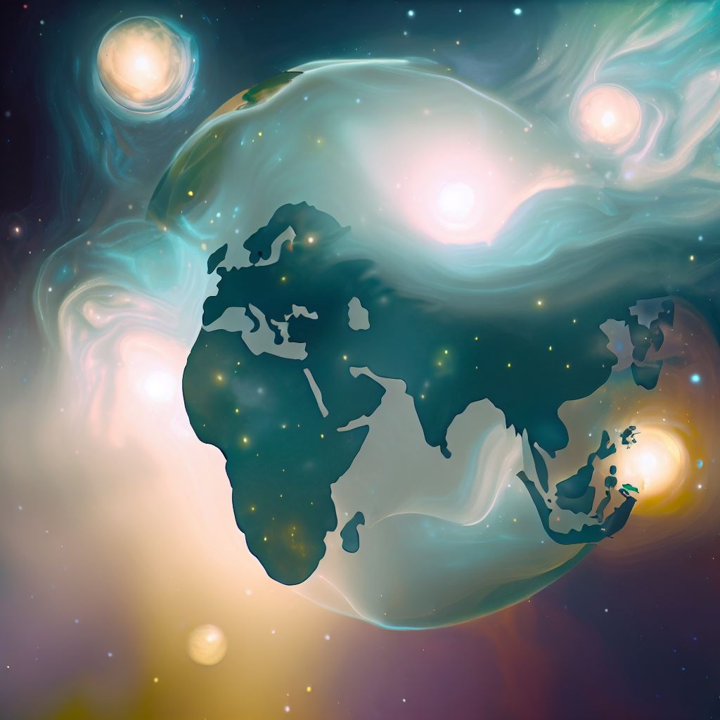 Show a dreamlike representation of the world's continents floating in the cosmos.
