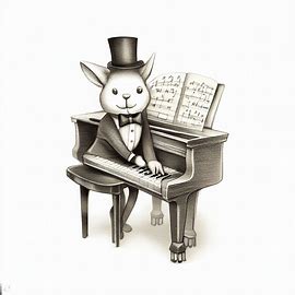 Draw a whimsical illustration of a rabbit, dressed up in a top hat and bow tie, playing the piano.. Image 3 of 4