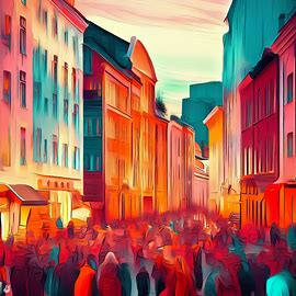 Create a unique and vibrant street scene in the heart of Oslo, Norway, featuring colorful buildings and bustling crowds of people.. Image 4 of 4