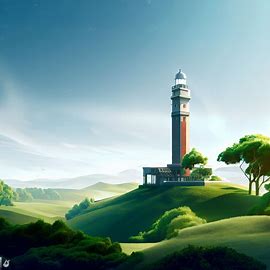 Design a lighthouse that blends seamlessly into its natural surroundings, surrounded by lush green trees and rolling hills.. Image 1 of 4