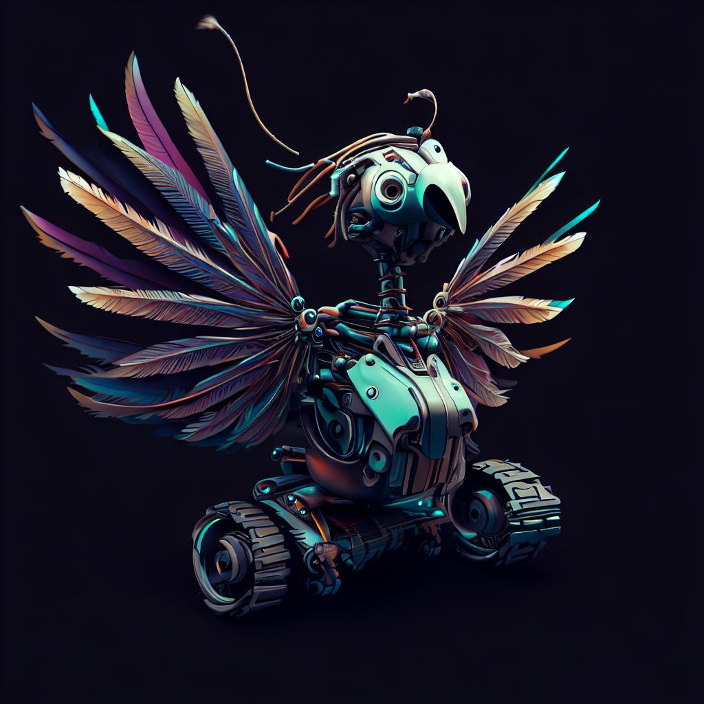 Create a robot that resembles a bird, with feathers and wings.。第 2 个图像，共 4 个图像