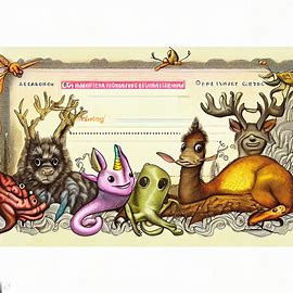 Create a whimsical cheque with unusual creatures used as images on the cheque. Image 2 of 4