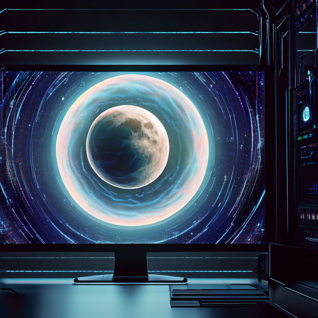 Visualize a computer with a monitor that displays a live and rotating view of the moon。第 2 个图像，共 4 个图像