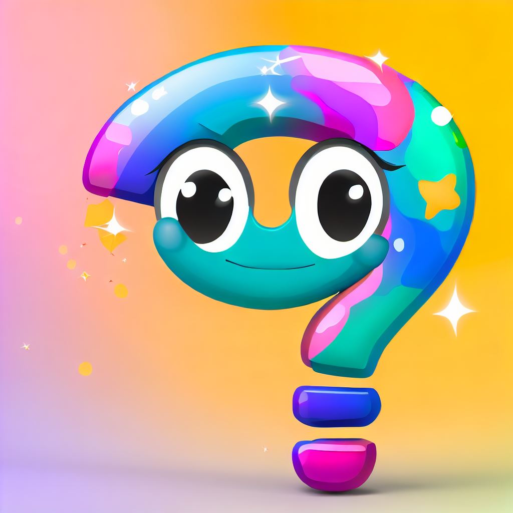Make a whimsical and colorful image of a cartoon question mark character, with a big smile and twinkling eyes.