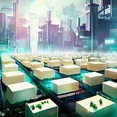 Show a futuristic cityscape where tofu is grown in high-tech farms and is used for many different purposes.&nbsp;<br>