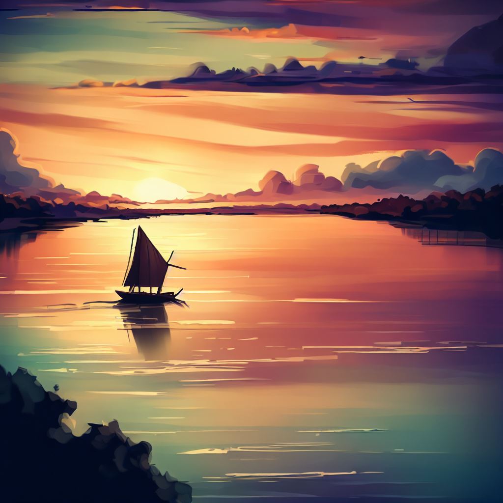 Draw a breathtaking sunset over the Amazon river with a traditional South American boat sailing through the calm waters.