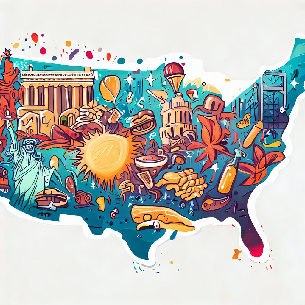 Design a stylized and memorable illustration showing the different US States and their unique cultural components.。第 4 个图像，共 4 个图像