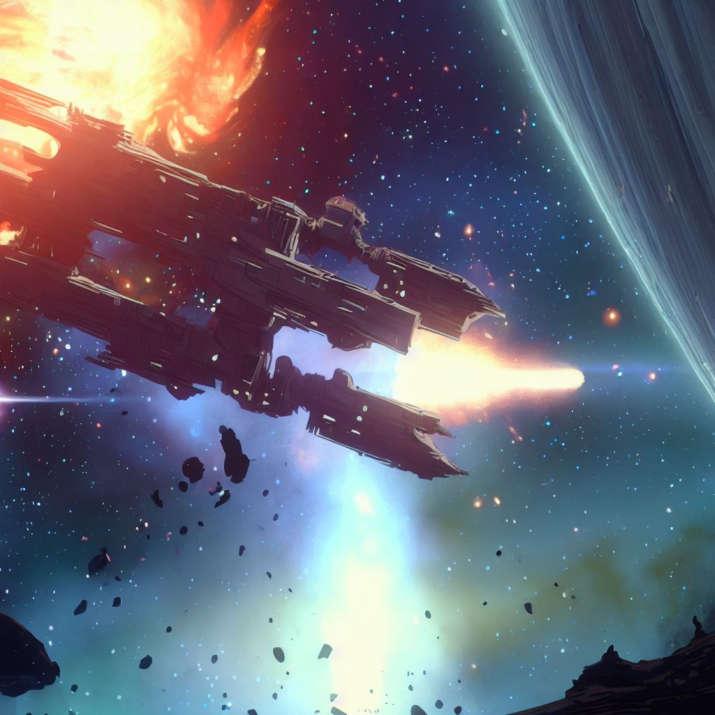 Depict a scene of intense space warfare, with a giant spaceship exploding and debris flying out into the vast expanse of the universe.