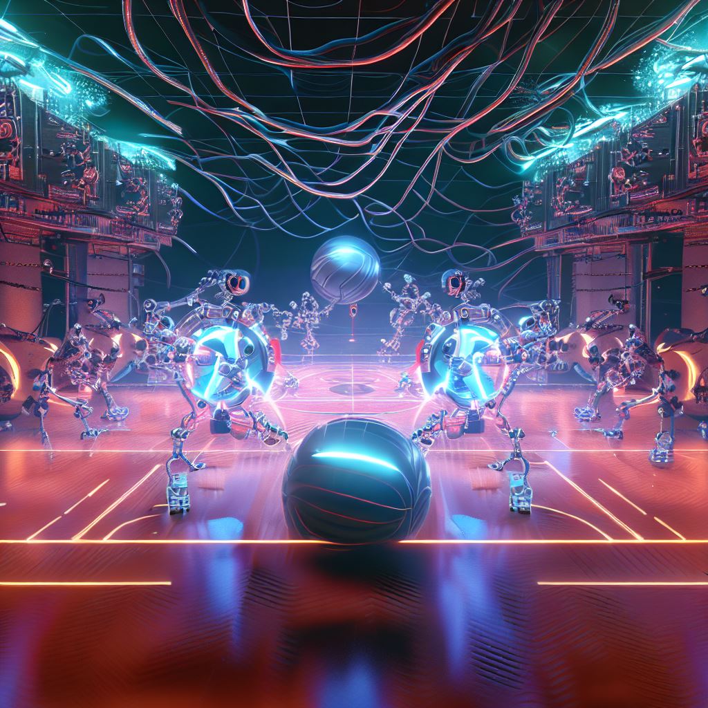 Render an image of a futuristic basketball match between robots where the courts and balls are electrifying with energy. to=python