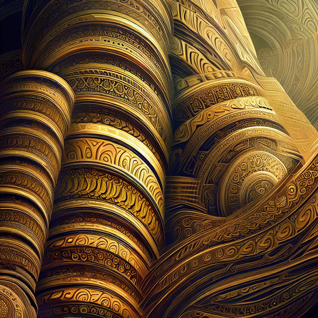 Create an image of a giant stack of gold coins with intricate designs and patterns.。第 3 个图像，共 4 个图像