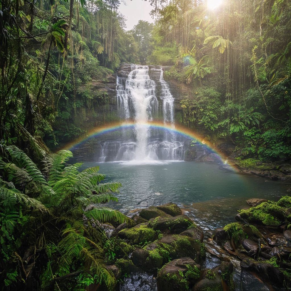 A rainbow over a waterfall surrounded by lush vegetation