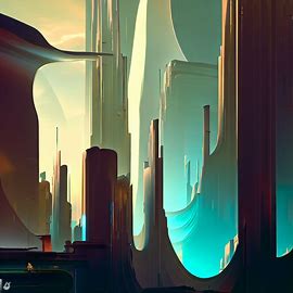 Illustrate a surrealist cityscape with towering skyscrapers and a futuristic feel.. Image 1 of 4