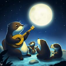 Draw an otter serenading its friends with a ukulele under a full moon.