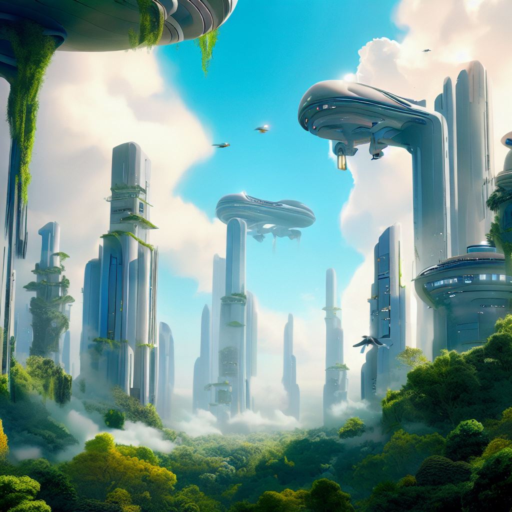 Imagine a futuristic city soaring high above the clouds, surrounded by lush greenery with flying cars buzzing between the towering structures.