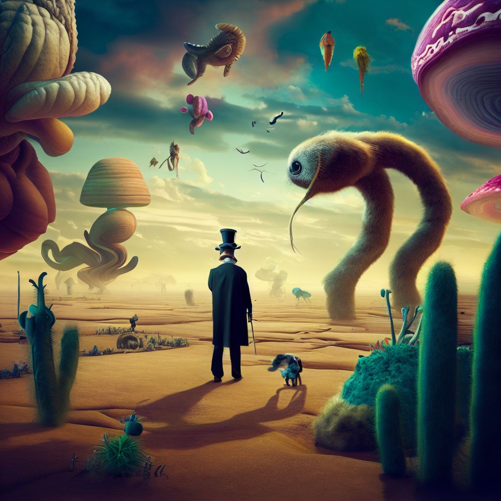 Create a surrealist interpretation of the equator, where strange and dreamlike creatures roam a wonderland landscape.