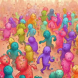 A series of illustrations showing the spread of the measles virus in a densely populated city, with people becoming infected and turning into colorful, cartoonish measles monsters.. Image 2 of 4