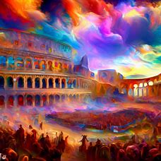 Imagine a vibrant, colorful image of the Colosseum during the height of Rome's glory - gladiators fighting in the arena, emperors and citizens watching with excitement.
