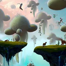 A surreal landscape depicting lice in a fantastical world, complete with floating islands, waterfalls, and whimsical creatures.