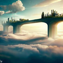 Create a surreal bridge that spans from a city skyline to a floating island in the clouds.. Image 4 of 4