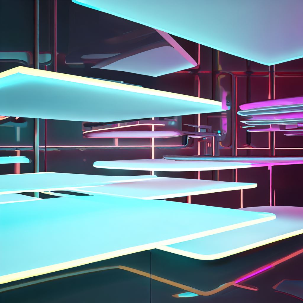 Create an abstract, futuristic restaurant with floating tables and neon lights.。第 4 个图像，共 4 个图像