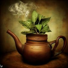A surreal and whimsical still life of a tobacco plant growing out of a teapot.
