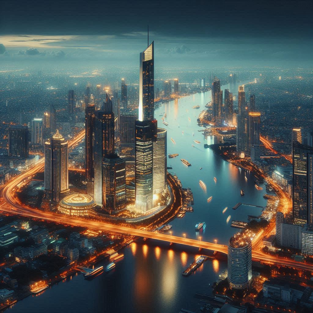 City skyline at night, with a large illuminated and a river sparkling below