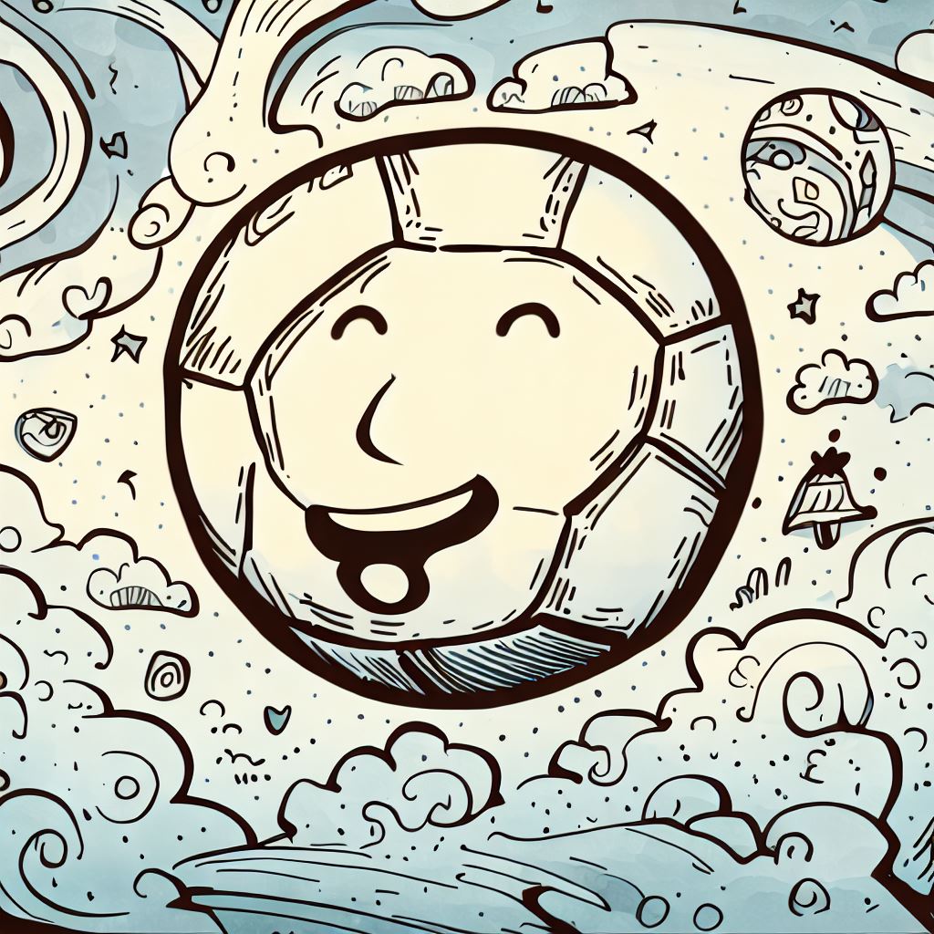 Doodle a whimsical scene featuring a giant, smiling soccer ball floating in the sky.。第 3 个图像，共 4 个图像