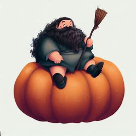 Create a whimsical illustration of Hagrid, the beloved groundskeeper of Hogwarts, sitting on a giant pumpkin while holding a broomstick.. Image 4 of 4