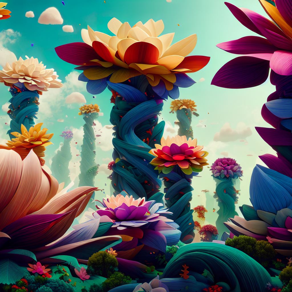Create a surreal landscape filled with towering flowers, intricate petals, and vibrant colors.