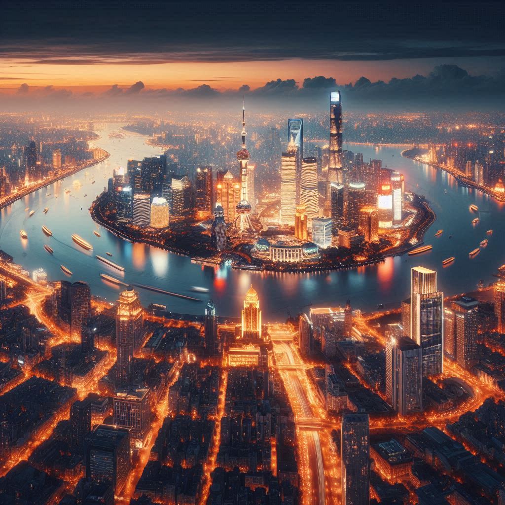City skyline at night, with a large illuminated and a river sparkling below。第 3 个图像，共 4 个图像