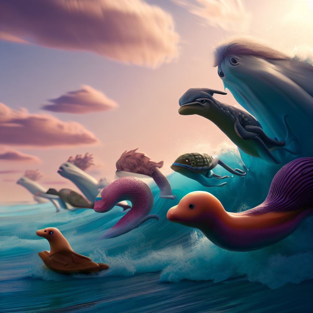 magine a group of sea creatures having a swim race。第 2 个图像，共 4 个图像